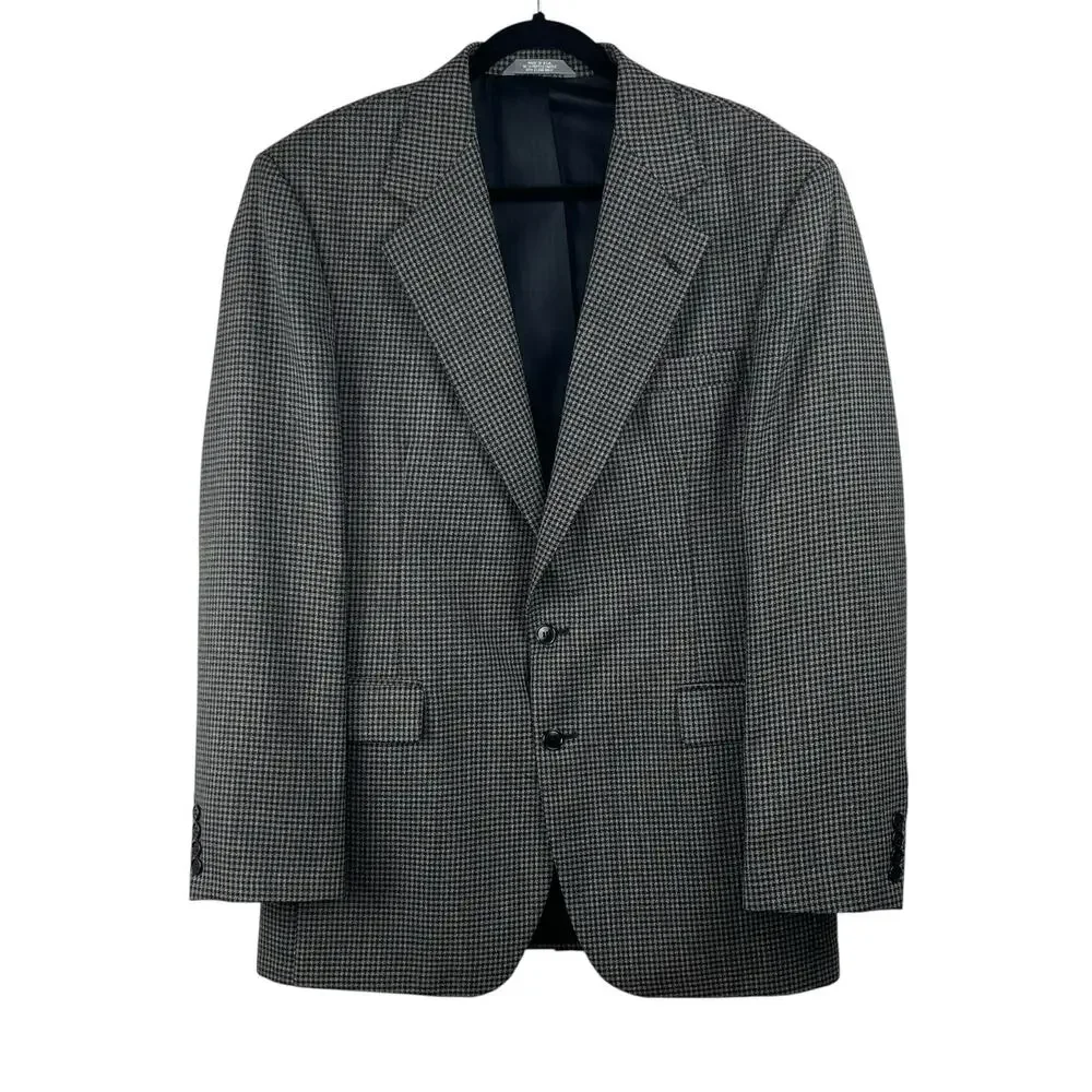 Vintage 80s 90s Haggar Black Tan Houndstooth Tweed Blazer Sport Coat 42L USA